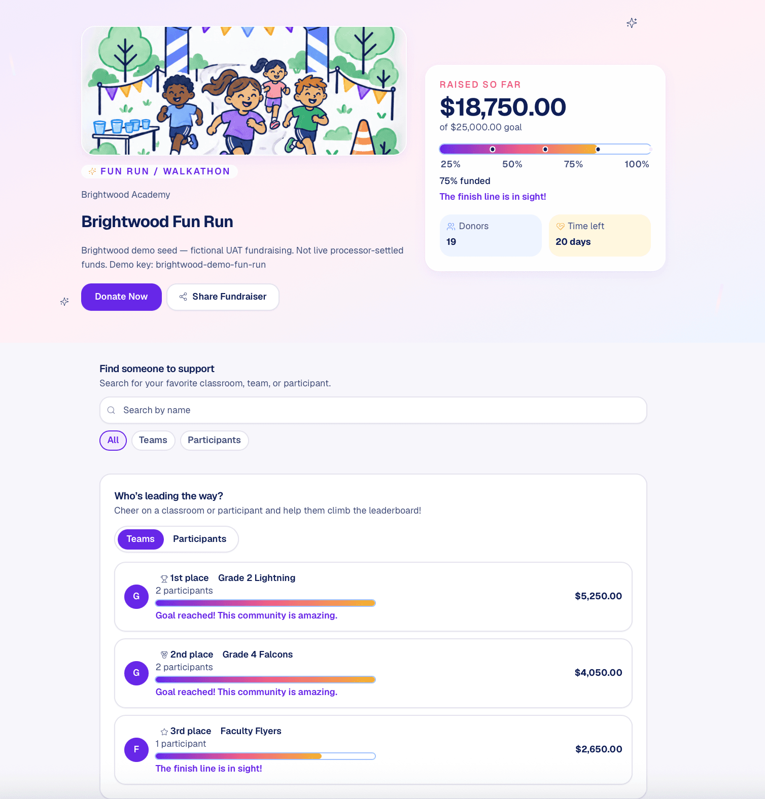 PEP HQ donation page showing a school fundraiser, campaign progress, and donation options