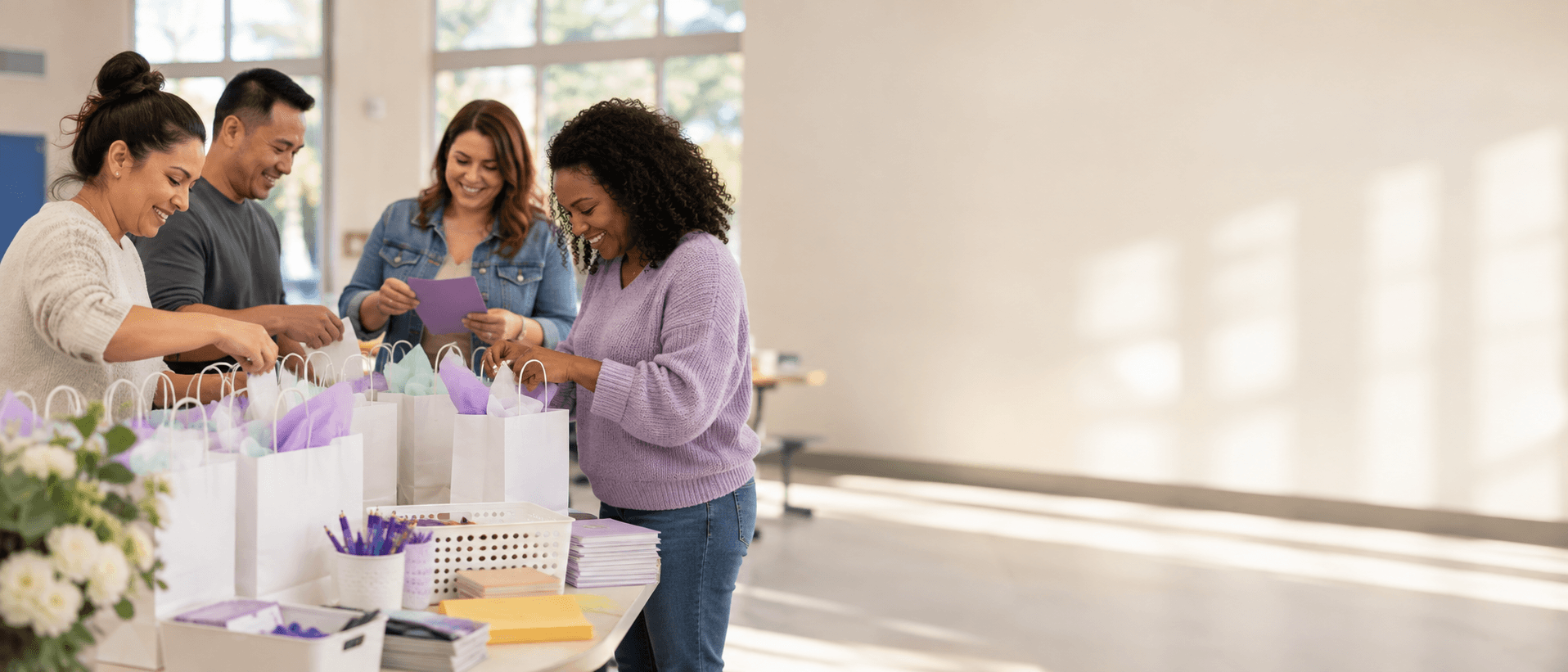 Parents volunteering together at a school event.