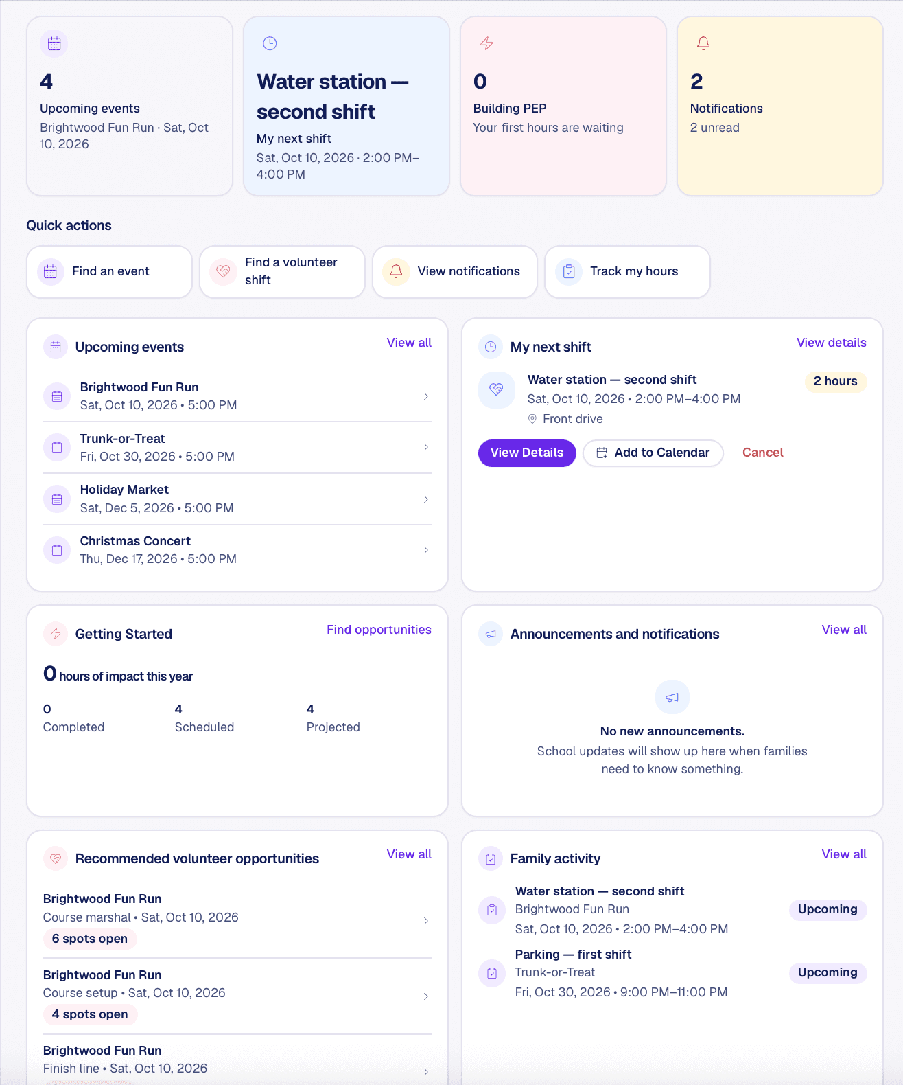 PEP HQ parent page showing upcoming events, volunteer shifts, notifications, and family actions