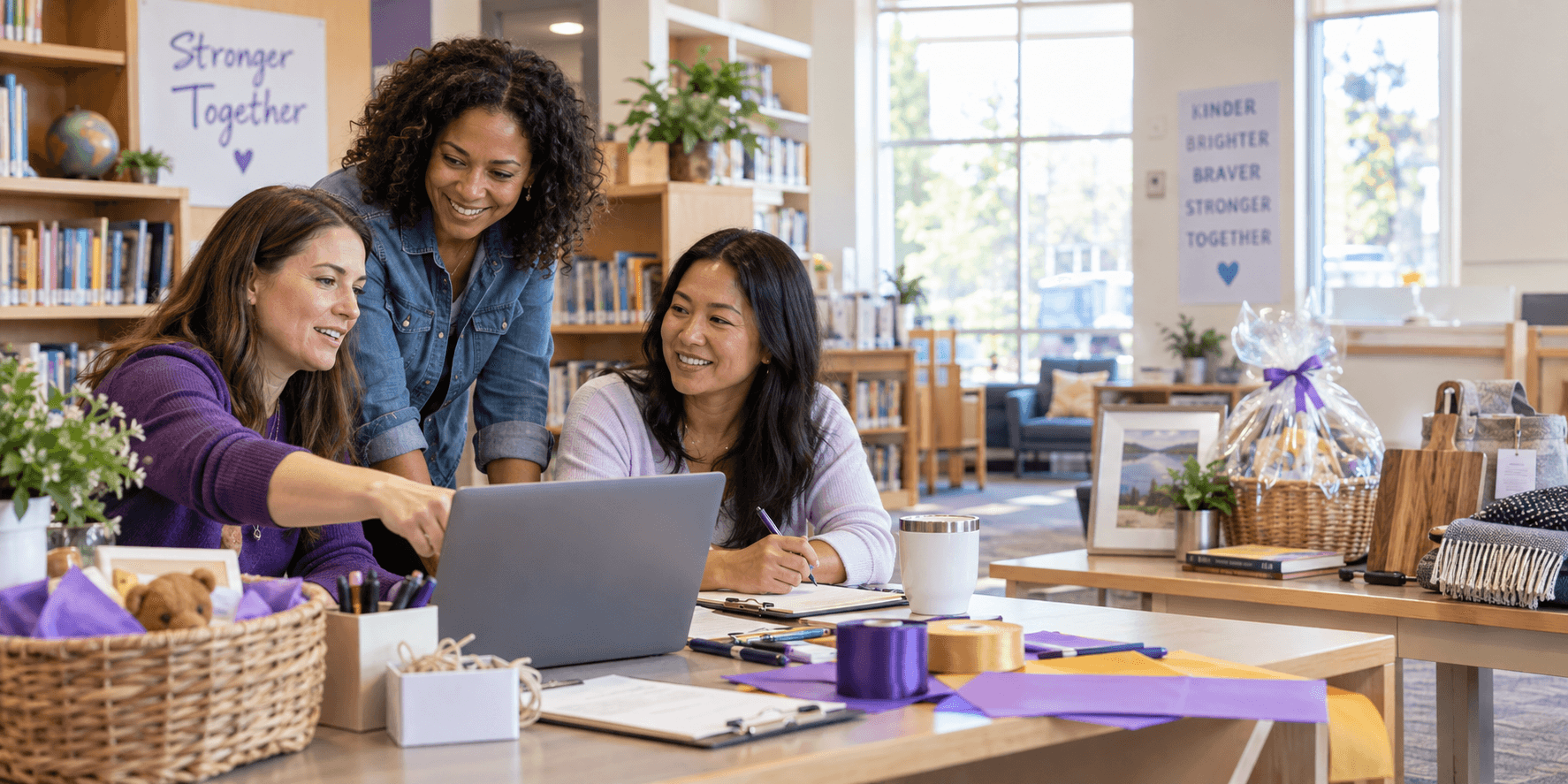 Three parents collaborating around a laptop while planning a school event