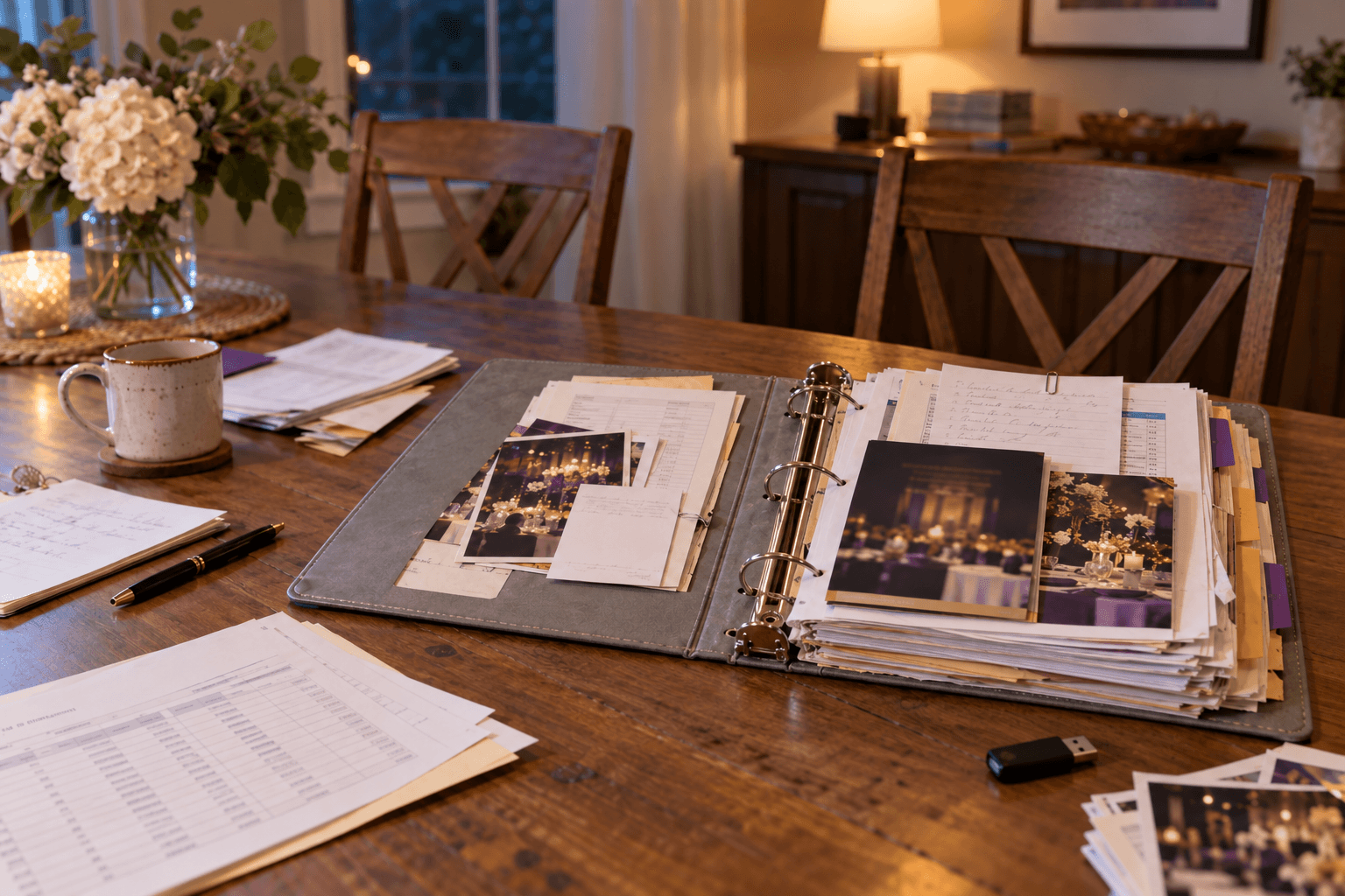 An open gray binder of gala programs, notes, and photos spread across a dining table